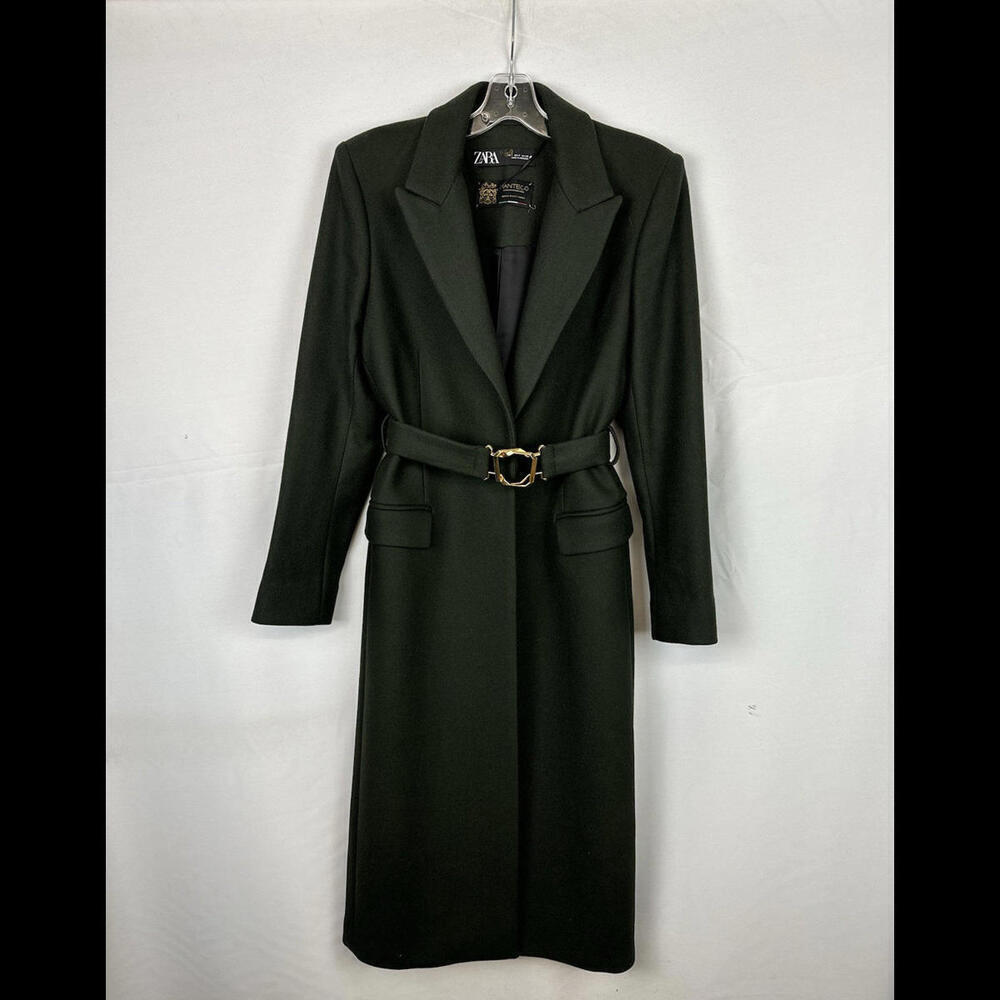 Zara Manteco Wool Gold Buckle Long Coat Green Size S